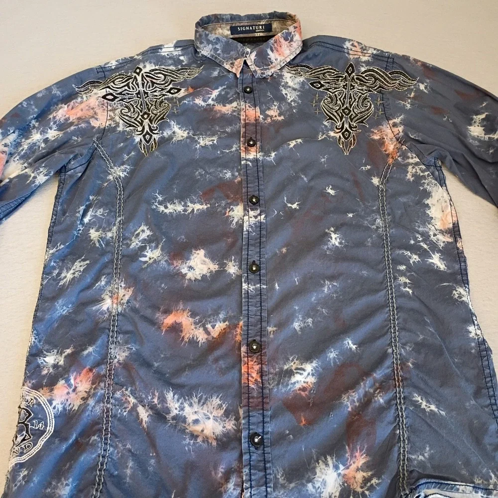 Roar Signature Edition Shirt Mens Medium Blue Tie Dye Tribal Embroidered Western